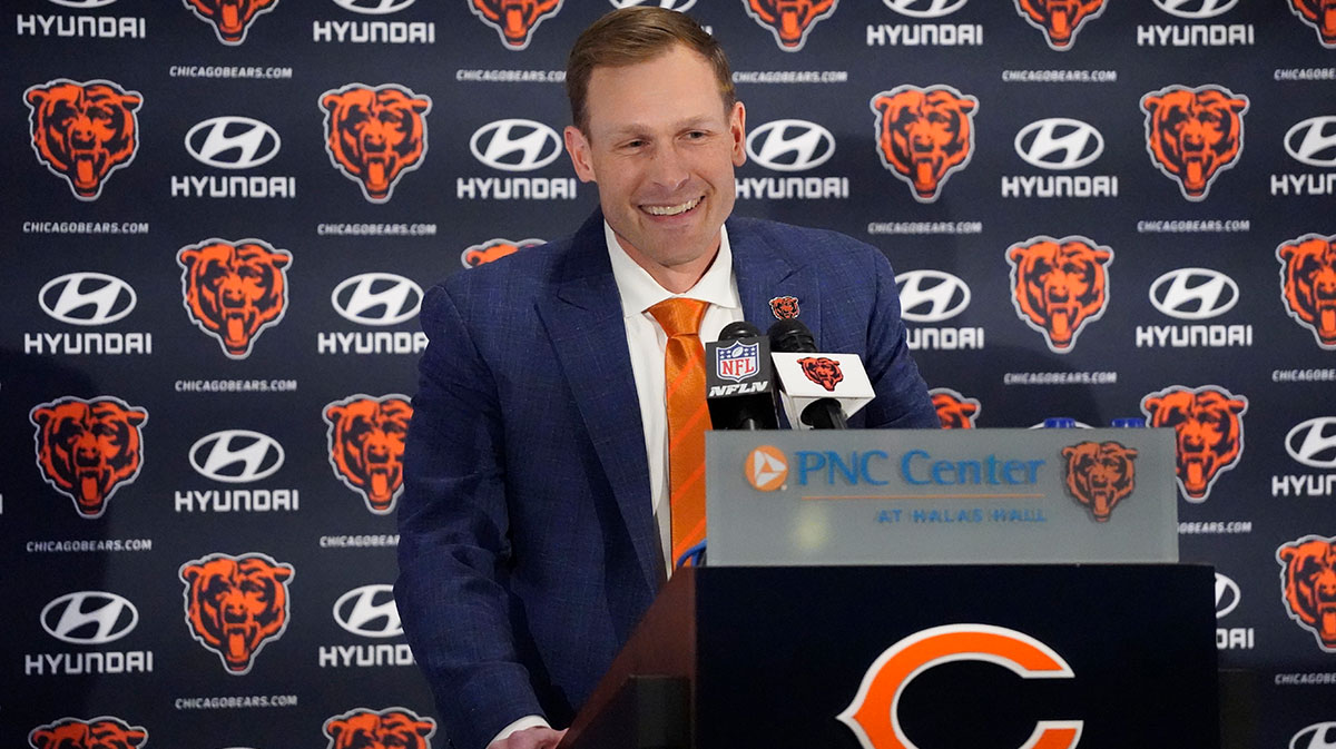 Chicago Bears head coach Ben Johnson answers questions during a introductory press conference at PNC Center.