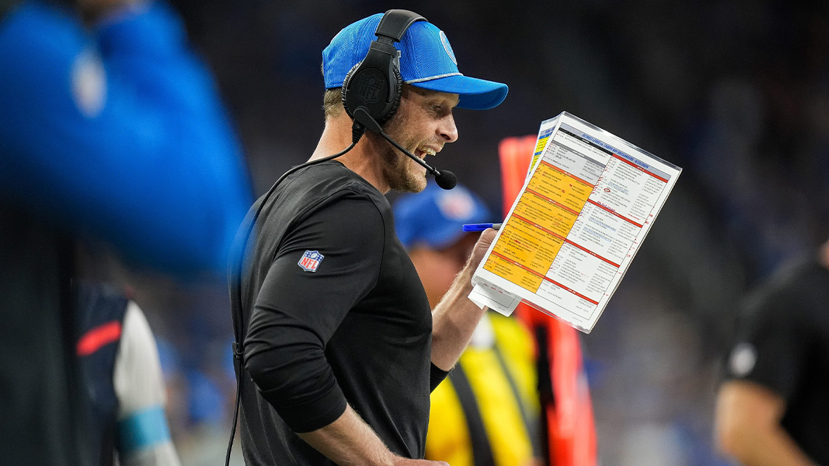 Detroit Lions offensive coordinator Ben Johnson calls a play against Tampa Bay Buccaneers during the second half at Ford Field in Detroit on Sunday, September 15, 2024.