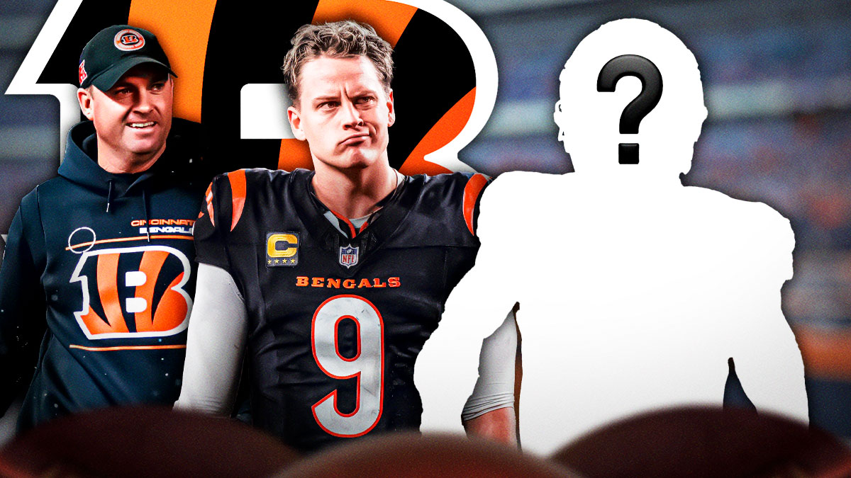 Cincinnati Bengals QB Joe Burrow with head coach Zac Taylor. They are next to a silhouette of an American football player with a big question mark emoji inside. There is also a logo for the Cincinnati Bengals.