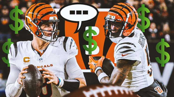 Cincinnati Bengals QB Joe Burrow with a speech bubble that has the three dots emoji inside. He is next to WR Tee Higgins. They are surrounded by green dollar sign emojis. There is also a logo for the Cincinnati Bengals.