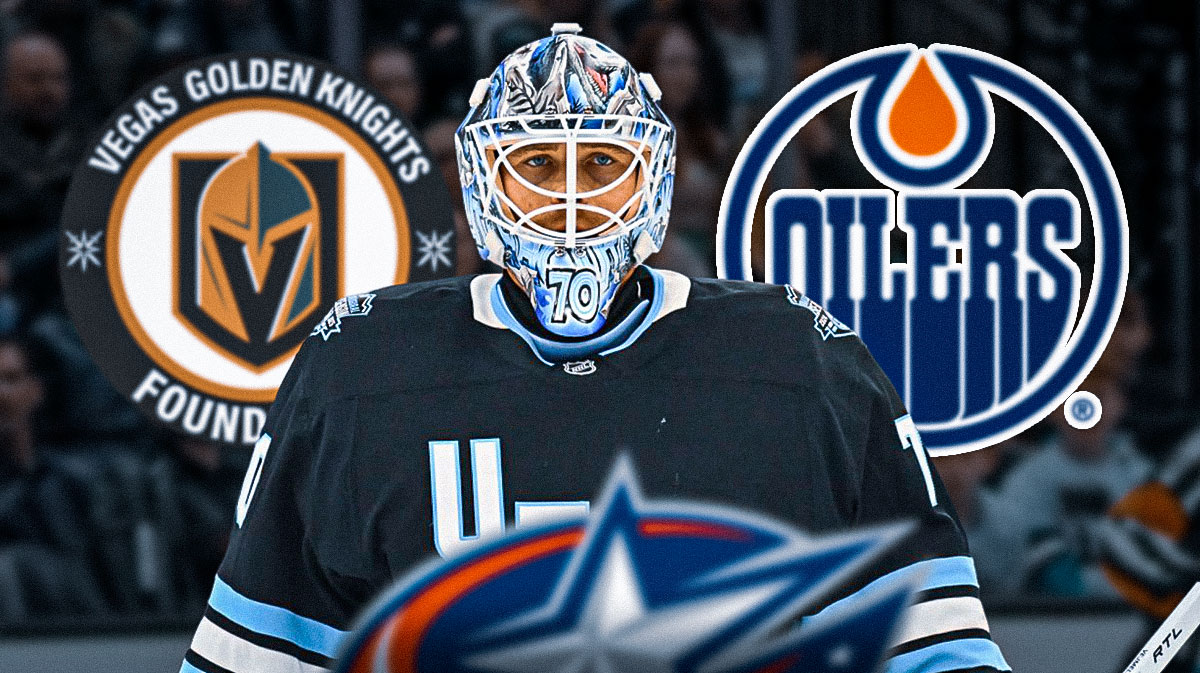 Karel Vejmelka with Oilers, Golden Knights, Blue Jackets logos behind him.