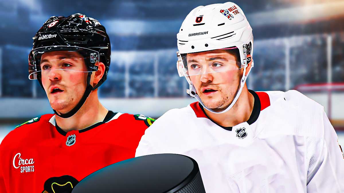 Ryan Donato on one side in a Chicago Blackhawks jersey with an arrow pointing to Ryan Donato on the other side in a blank jersey, a bunch of question marks around him