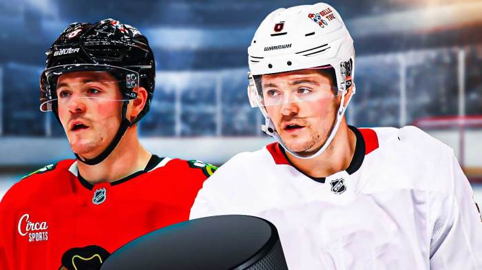 Ryan Donato on one side in a Chicago Blackhawks jersey with an arrow pointing to Ryan Donato on the other side in a blank jersey, a bunch of question marks around him