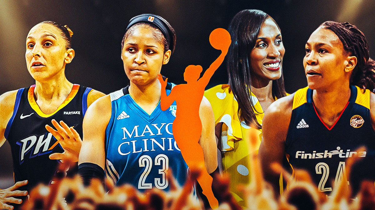 Diana Taurasi, Maya Moore, Lisa Leslie, Tamika Catchings all together. WNBA logo front and center.