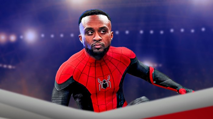 Big E's head on Spiderman's body