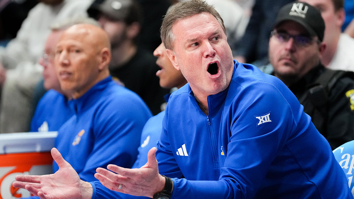 Kansas Jayhawks head coach Bill Self reacts to play against the Oklahoma State Cowboys during the second half at Allen Fieldhouse.
