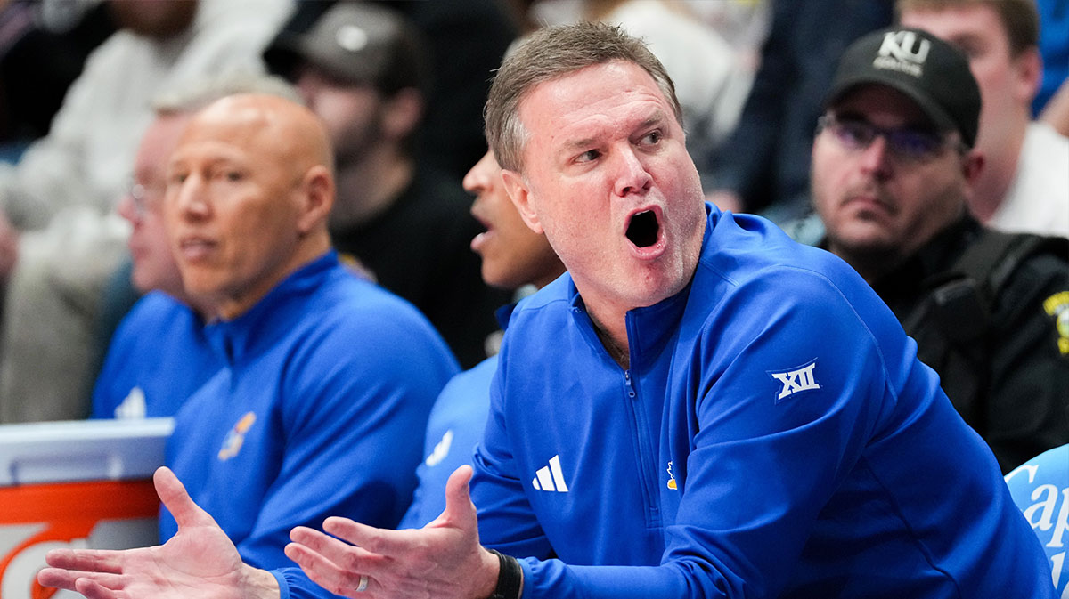 Kansas Jayhawks head coach Bill Self reacts to play against the Oklahoma State Cowboys during the second half at Allen Fieldhouse.