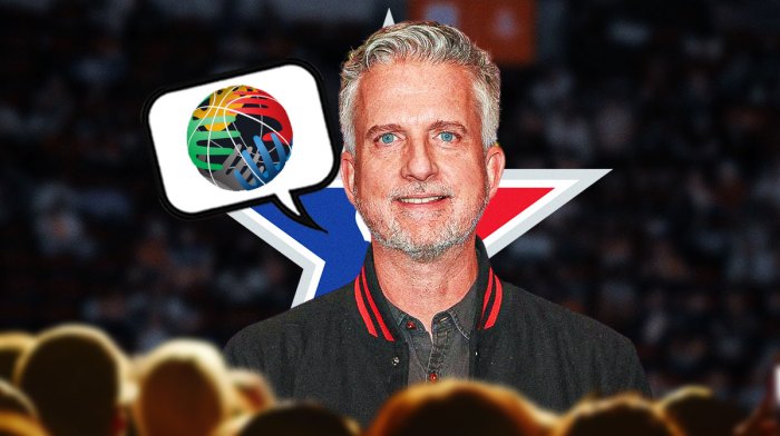 Bill Simmons with a thought bubble of the FIBA logo, and a background of the NBA All-Star Game logo.