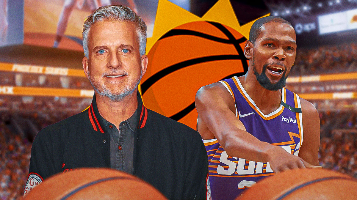 Suns forward Kevin Durant next The Ringer's Bill Simmons with the Suns logo in the background