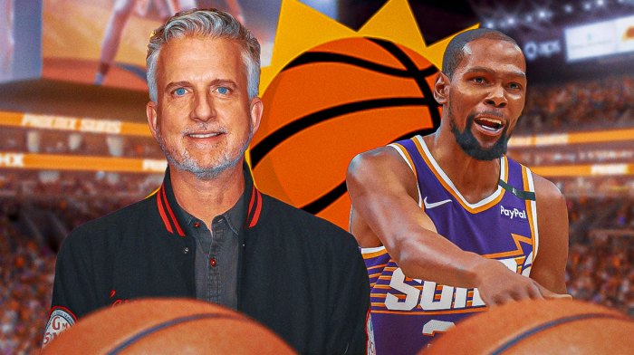 Suns forward Kevin Durant next The Ringer's Bill Simmons with the Suns logo in the background