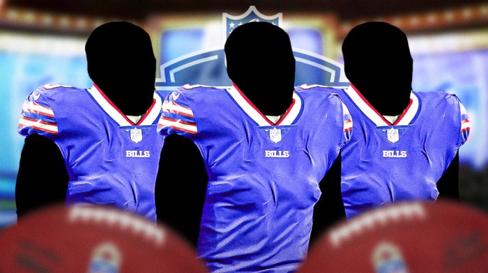 3 Bills player silhouettes with question marks where the faces would be and a 2025 NFL draft background