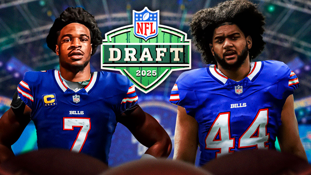 Nick Emmanwori and J.T. Tuimoloau both in Bills uniforms with a 2025 NFL Draft background.