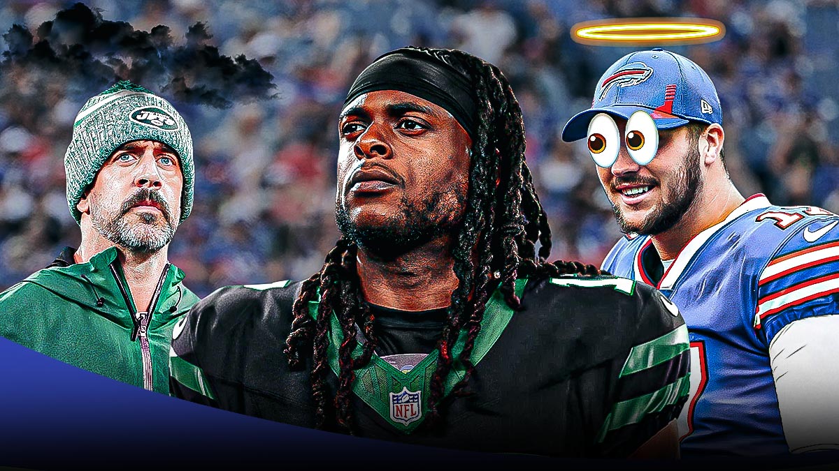 Bills QB Josh Allen smiling with halo over his head and 👀 emojis over his eyes on right side of screen. Jets WR Davante Adams in middle of screen thinking/looking confused. Ex-Jets QB Aaron Rodgers looking mad/annoyed on right side of screen with storm cloud over his head. Background is Highmark Stadium.