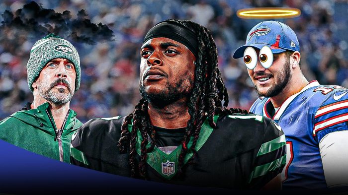Bills QB Josh Allen smiling with halo over his head and 👀 emojis over his eyes on right side of screen. Jets WR Davante Adams in middle of screen thinking/looking confused. Ex-Jets QB Aaron Rodgers looking mad/annoyed on right side of screen with storm cloud over his head. Background is Highmark Stadium.