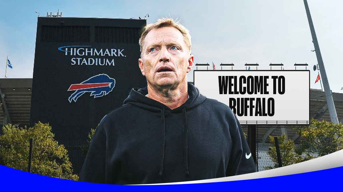 Chris Tabor in front of Highmark Stadium with a "Welcome to Buffalo" sign