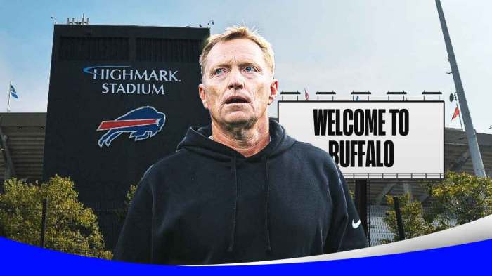 Chris Tabor in front of Highmark Stadium with a "Welcome to Buffalo" sign