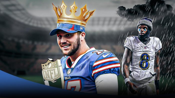 Bills QB Josh Allen smiling with crown on head and holding NFL MVP Award. Ravens QB Lamar Jackson sad/crying with rain cloud over head. NFL field background.