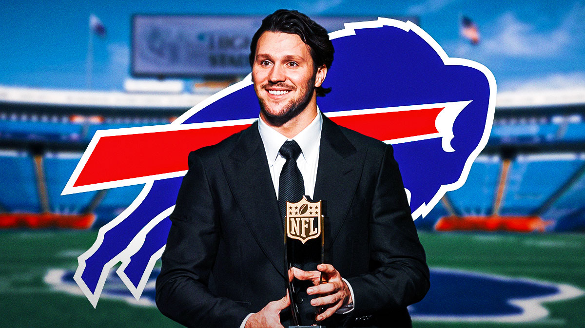 Buffalo Bills QB Josh Allen holding an NFL MVP award. There is also a logo for the Buffalo Bills.