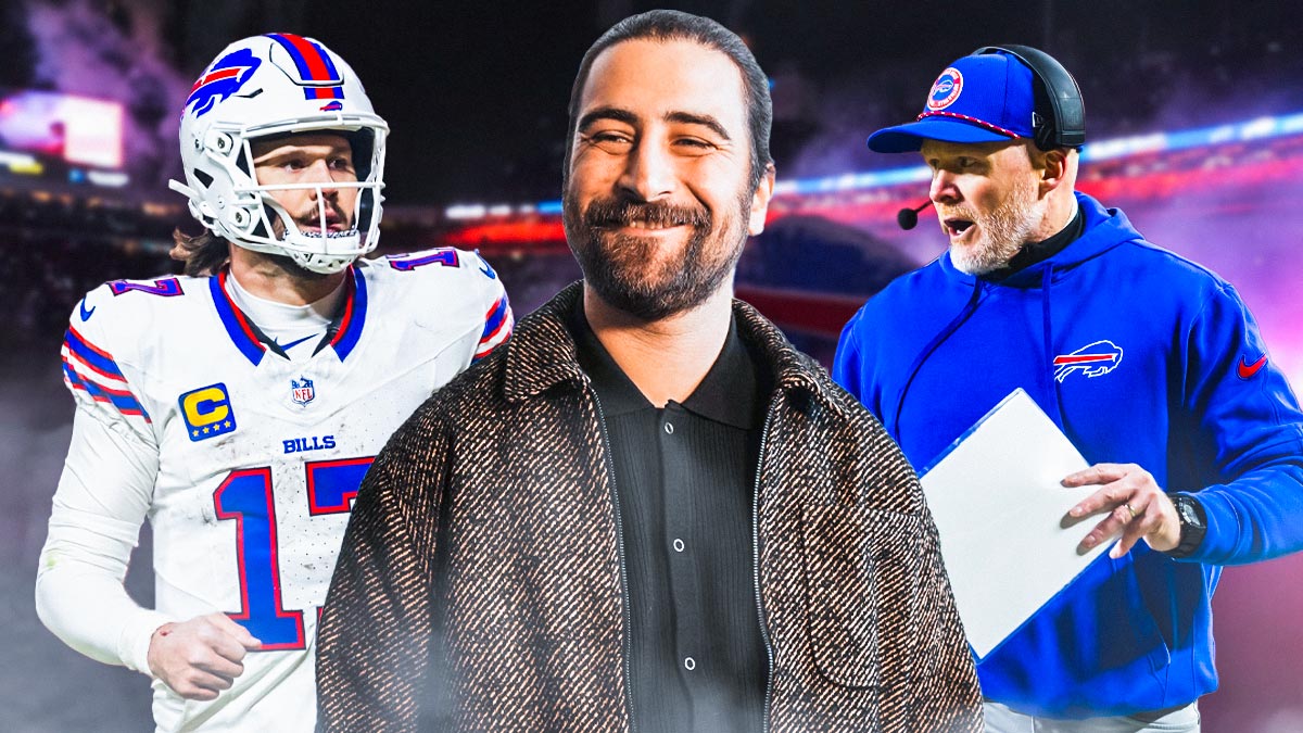 Noah Kahan in between Buffalo Bills quarterback Josh Allen and coach Sean McDermott, and Highmark Stadium background.