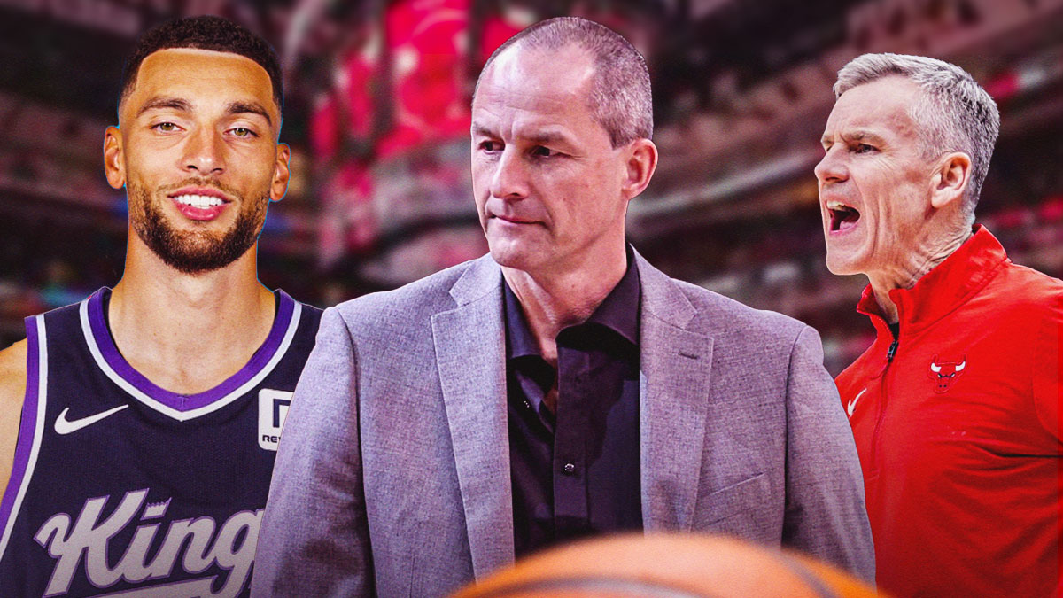 Bulls' Billy Donovan looking angry at Arturas Karnisovas, with Zach LaVine in a Kings uniform beside them