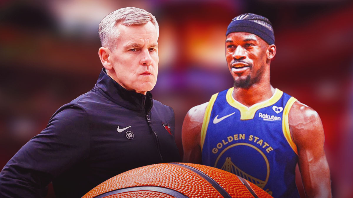 Bulls, Billy Donovan, Warriors, Bulls Warriors, Jimmy Butler, Billy Donovan and Jimmy Butler (in Warriors uni) with United Center in the background