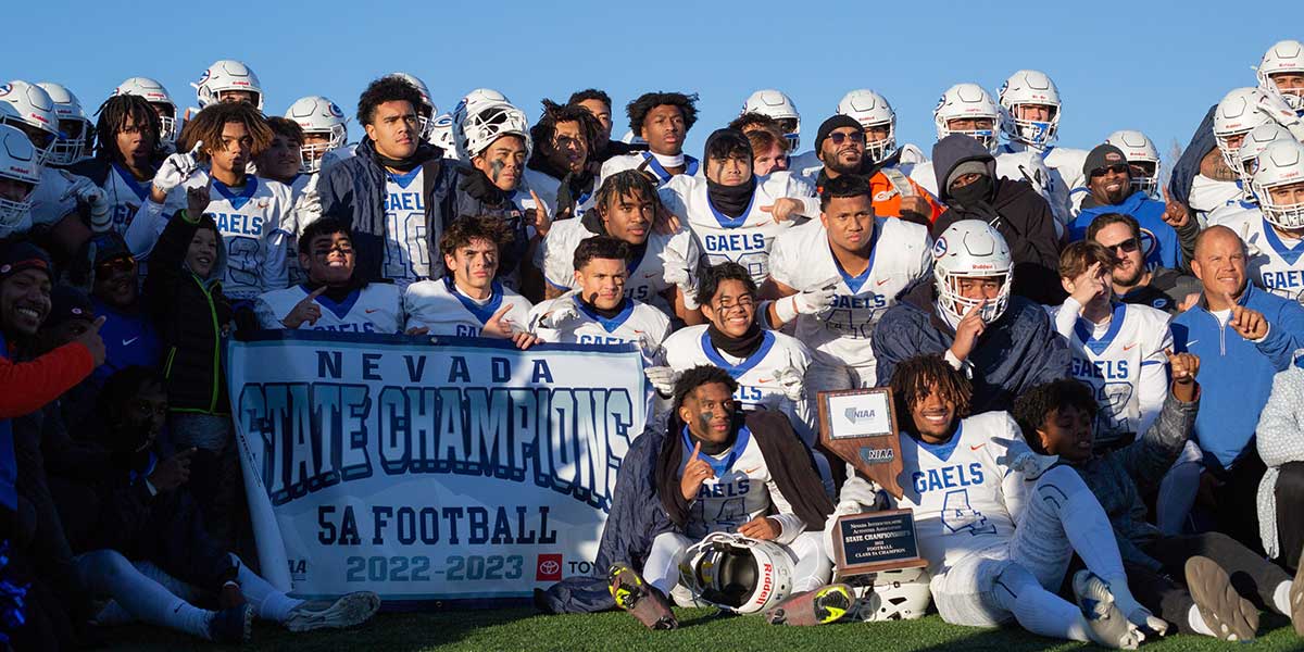 Bishop Gorman celebrates winning the 2022-2023 football state championship against Bishop Manogue at Carson High School on Nov. 19, 2022.