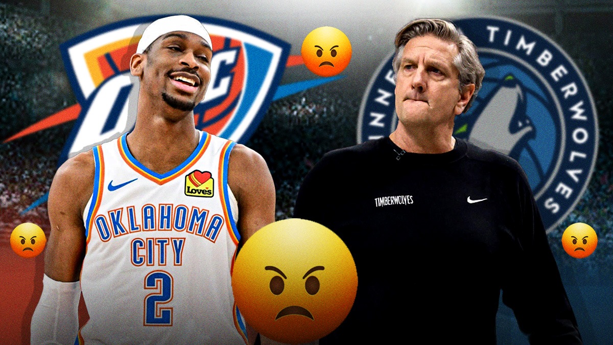 Chris Finch and Shai Gilgeous-Alexander, Minnesota Timberwolves and OKC Thunder logos, anger symbols