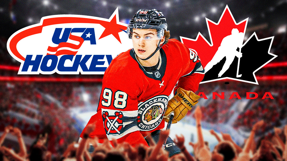 Blackhawks' Connor Bedard with Team USA hockey logo on one side and Team Canada logo on the other