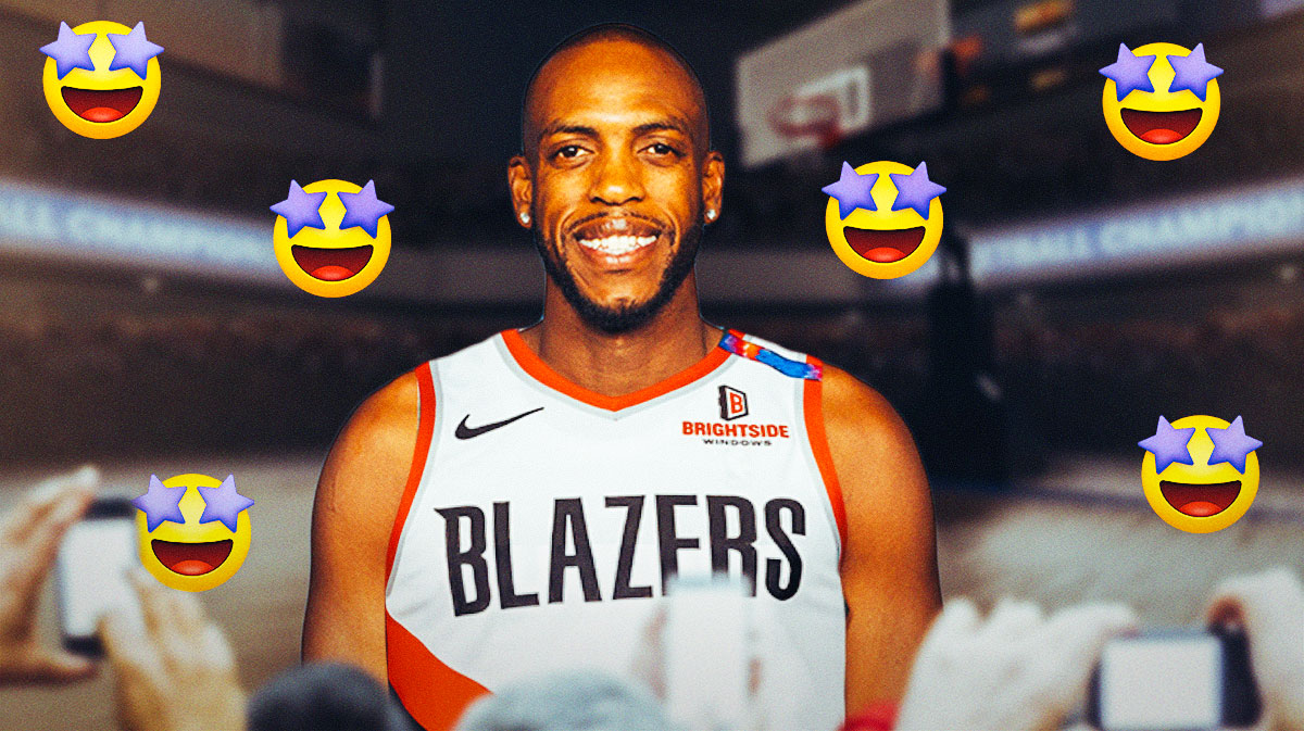 Khris Middleton in the middle in a Portland Trail Blazers uniform, Portland Trail Blazers wallpaper in the background, 🤩 emoji all around