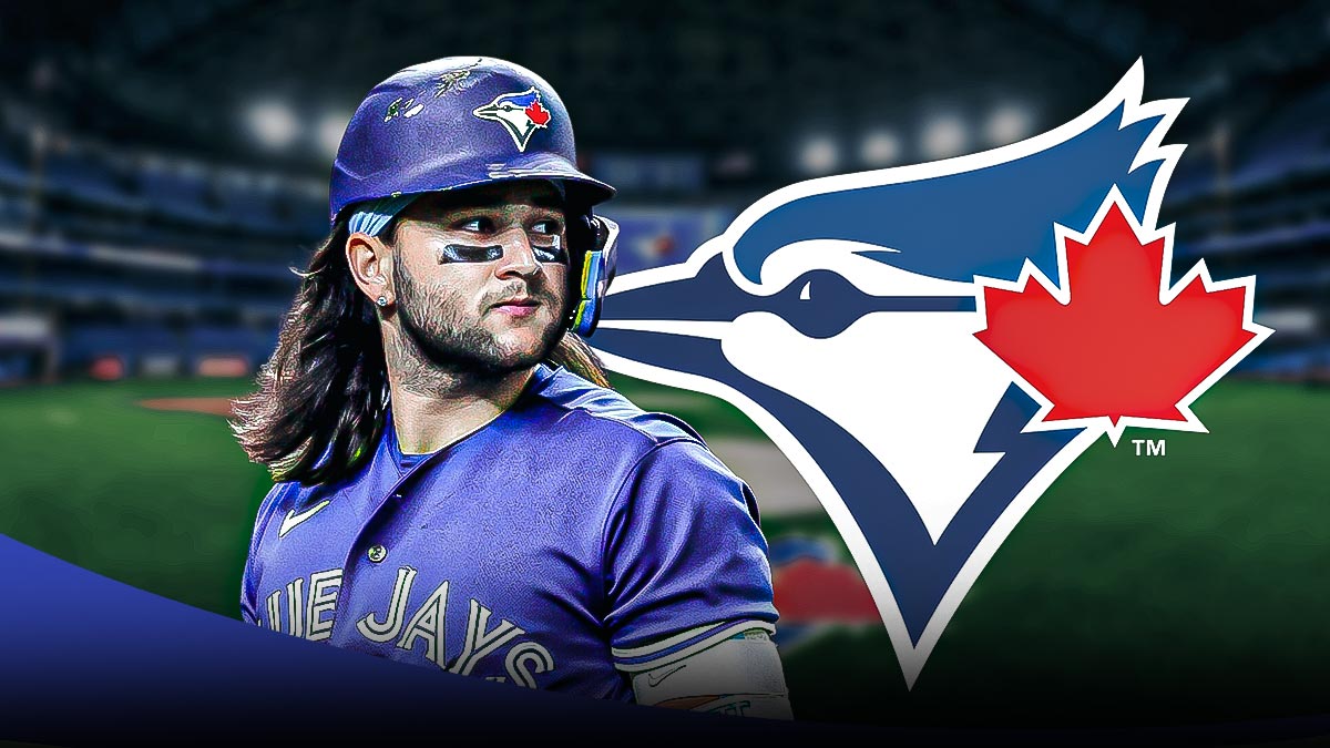 Bo Bichette in the center with the Toronto Blue Jays logo in the background.