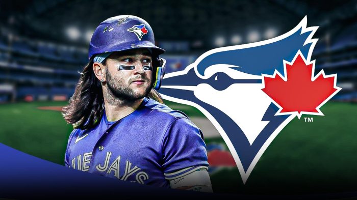 Bo Bichette in the center with the Toronto Blue Jays logo in the background.