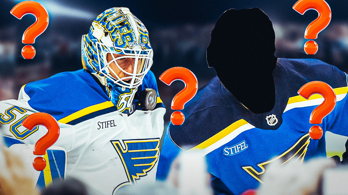 Jordan Binnington and another silhouetted St. Louis Blues player (no C or A), 3-5 question marks, hockey rink in background