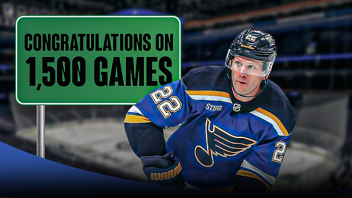 Blues defenseman Ryan Suter, giant sign that says Congratulations on 1,500 games, inside Enterprise Center