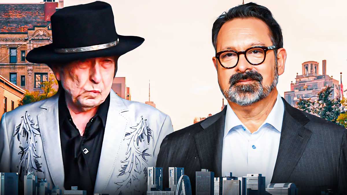 Bob Dylan and A Complete Unknown biopic director James Mangold with Greenwich Village in New York City background.