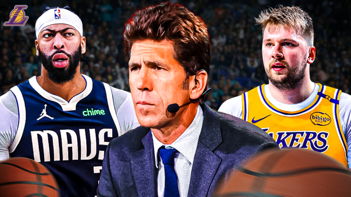 ESPN's Bob Myers in between Lakers' Luka Doncic and Mavericks' Anthony Davis with the Lakers logo in the background