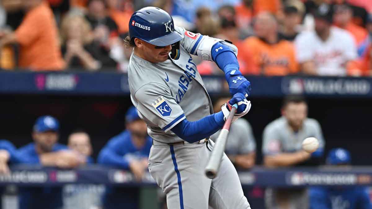 Oct 2, 2024; Baltimore, Maryland, USA; Kansas City Royals shortstop Bobby Witt Jr. (7) hits a single in the third inning against the Baltimore Orioles in game two of the Wild Card round for the 2024 MLB Playoffs at Oriole Park at Camden Yards. 