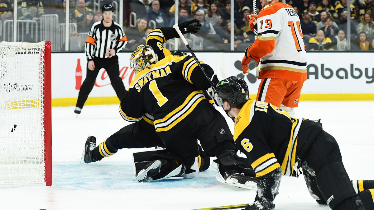 Anaheim Ducks center Leo Carlsson (91) (not pictured) scores the game winning goal past Boston Bruins goaltender Jeremy Swayman (1) during overtime at TD Garden.