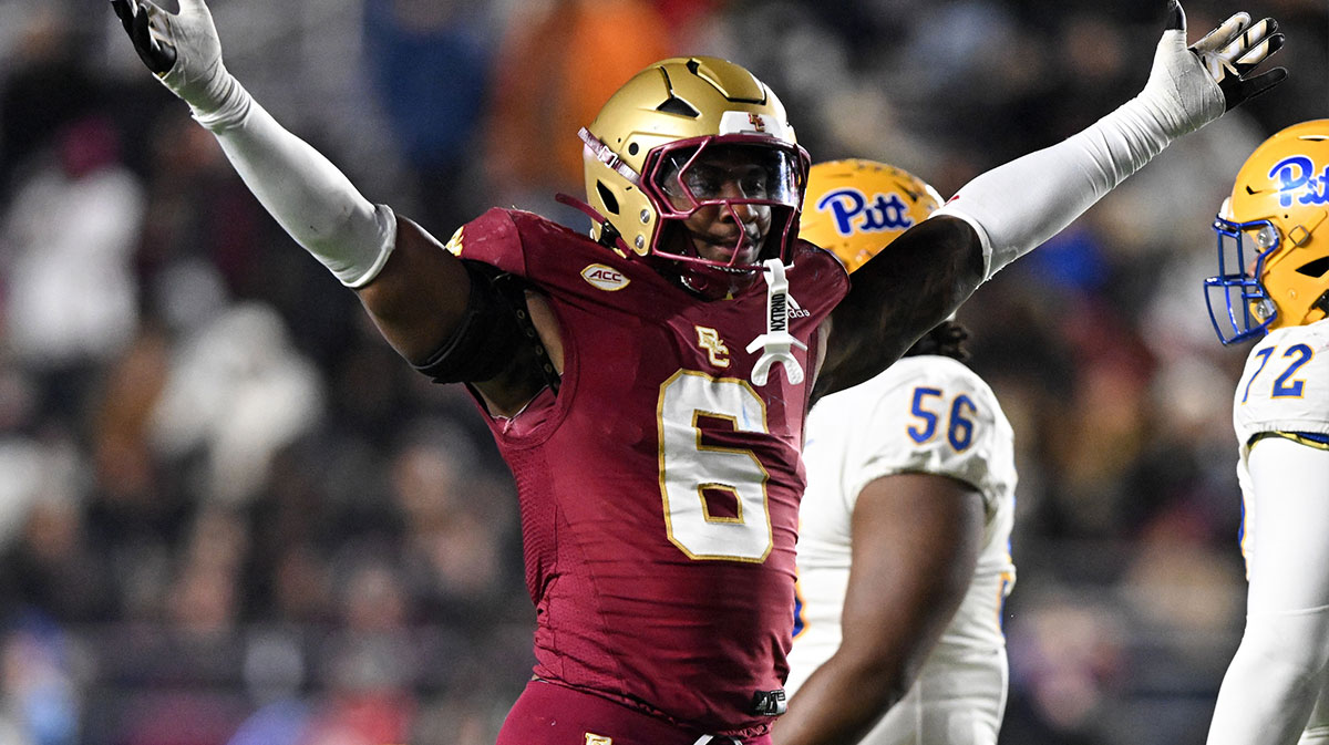 Boston College Eagles defensive end Donovan Ezeiruaku (6) reacts after a sack against the Pittsburgh Panthers during the second half at Alumni Stadium.