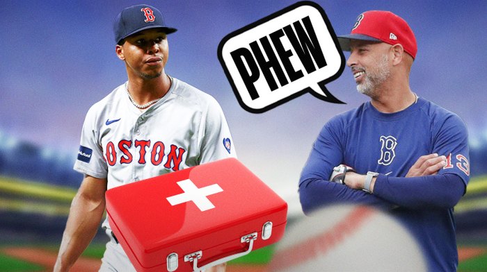 Brayan Bello on one side with an injury kit in front of him, Alex Cora on the other side with a speech bubble that says "Phew"