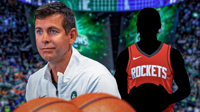 Celtics president Brad Stevens and a Rockets player silhouette