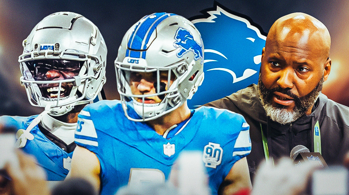 Detroit Lions general manager Brad Holmes next to Lions edge rusher Aidan Hutchinson and safety Kerby Joseph. There is also a logo for the Detroit Lions.