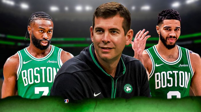 Celtics' Brad Stevens smiling in between Jaylen Brown and Jayson Tatum looking hyped or focused