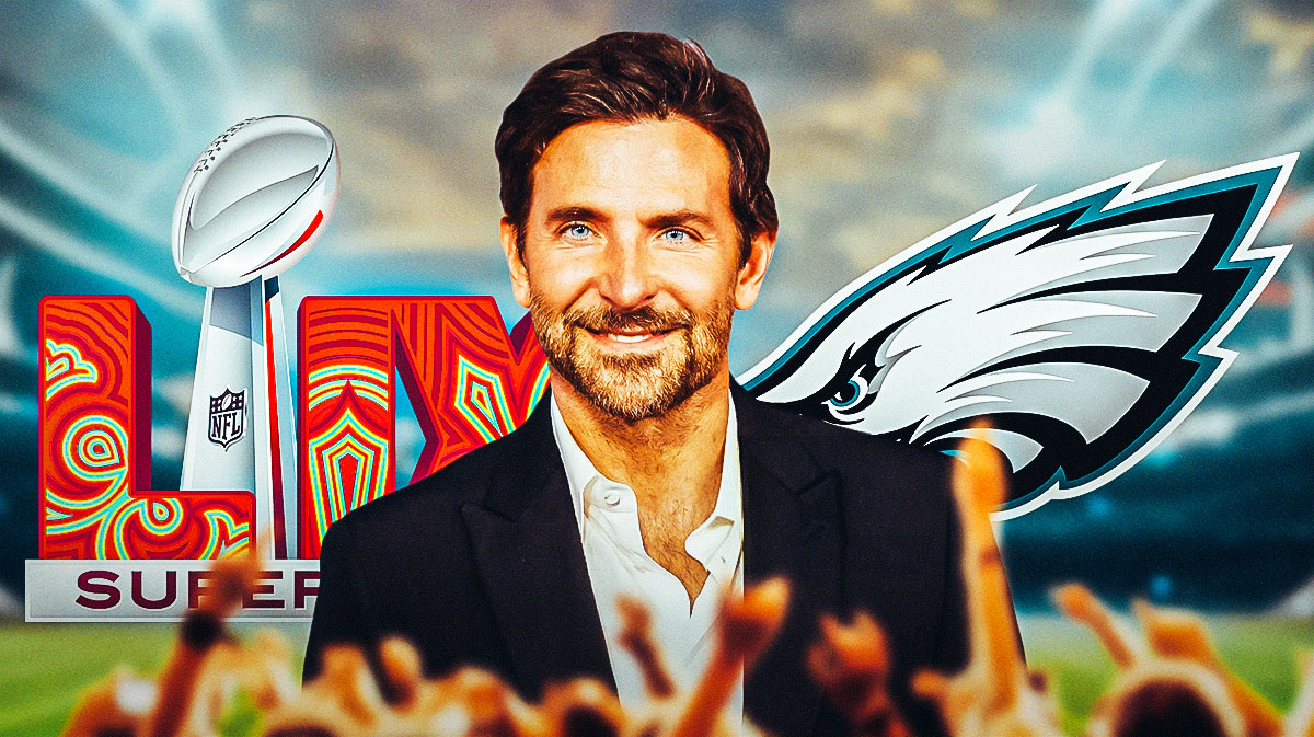 Bradley Cooper, Eagles, Chiefs, Super Bowl, Eagles Chiefs, Bradley Cooper smiling with Eagles logo and this year's Super Bowl logo on graphic, football background