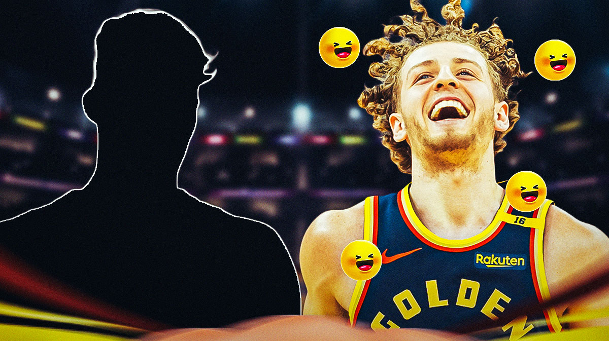 Brandin Podziemski with laughing emojis near him. Quinten Post as a silhouette
