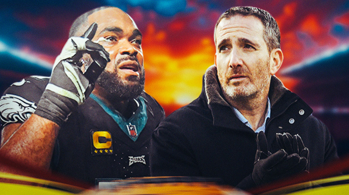 Philadelphia Eagles star Brandon Graham and Howie Roseman in front of Lincoln Financial Field.