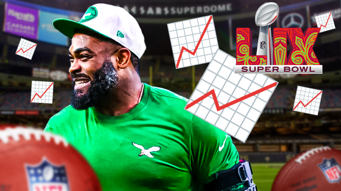 Eagles DE Brandon Graham smiling with multiple 📈 emojis throughout background. Also a Super Bowl LIX logo in background. Background is Caesars Superdome.
