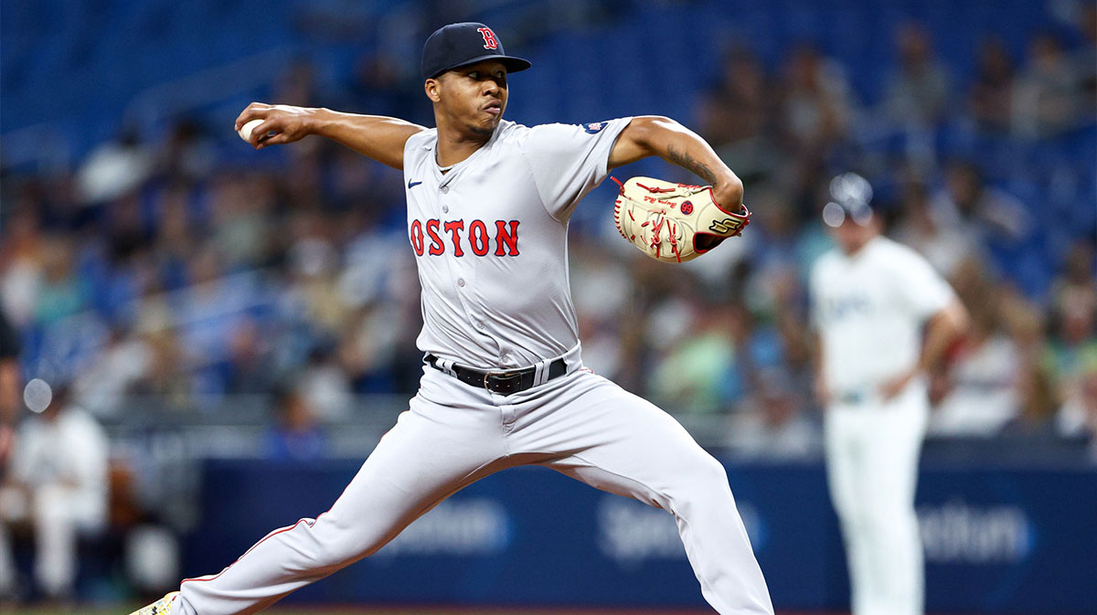 Sep 19, 2024; St. Petersburg, Florida, USA; Boston Red Sox pitcher Brayan Bello (66) throws a pitch against the Tampa Bay Rays in the first inning at Tropicana Field. 