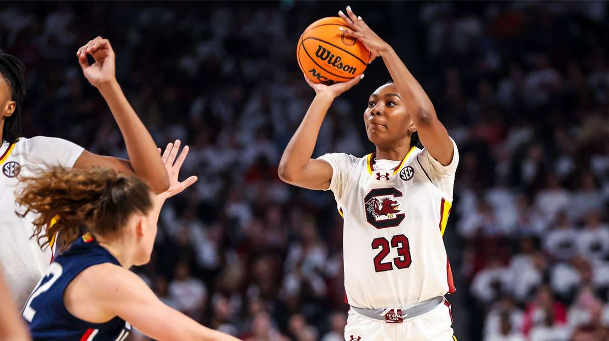 South Carolina Gamecocks women's basketball guard Bree Hall (23) shoots against the UConn Huskies in the first half at Colonial Life Arena.