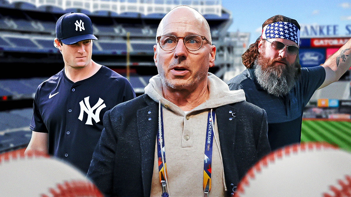 New York Yankees' Brian Cashman in the middle with Gerrit Cole and the main character of Duck Dynasty on either side in front of Yankee Stadium.