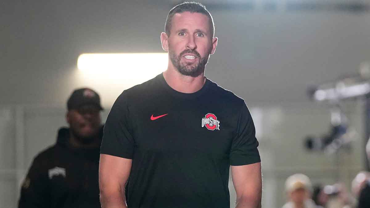 Ohio State Buckeyes co-offensive coordinator Brian Hartline arrives prior to the College Football Playoff National Championship against the Notre Dame Fighting Irish at Mercedes-Benz Stadium in Atlanta on Jan. 20, 2025.